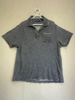 Cremieux Terry Cloth Supima Men's Striped Polo Shirt Navy & White Sz L